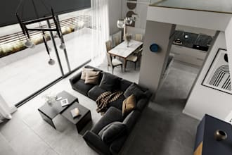 redesign loft interior, duplex apartment, kitchen layout, cozy bedroom rendering