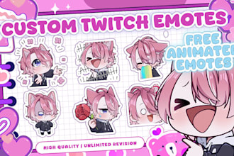 design animated twitch stream overlay, chibi emotes, sub badge, twitch banner