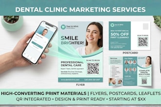 create appointment qr code design dental clinic flyer, postcard, modern leaflet