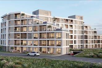 enhance 3d building exterior,complex apartment visualization, elevation render