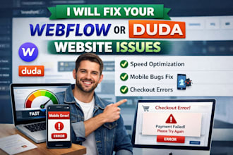 fix webflow or duda website speed issues, mobile bugs and checkout errors