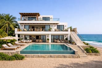 modern 3d waterfront property, hotel building, beach resort render