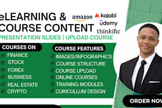 create elearning business course content, ppt slides, upload course on teachable
