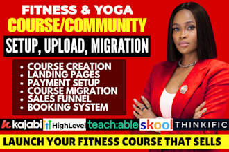 setup fitness yoga course, sales funnel kajabi thinkific skool teachable website