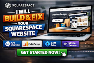 build and fix squarespace website with API integration, ga4, GTM and stripe