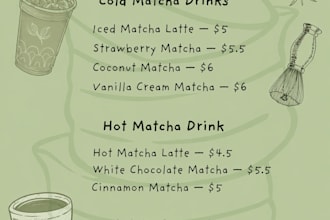 design a modern aesthetic matcha cafe menu with premium branding