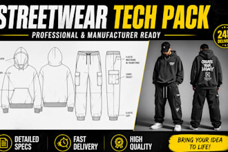 design modern streetwear tech pack for clothing brands and fashion manufacturers