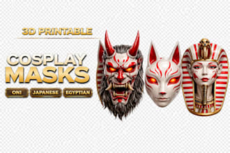 3d cosplay mask design, japanese mark, oni mask, egyptian mask and kitsune masks