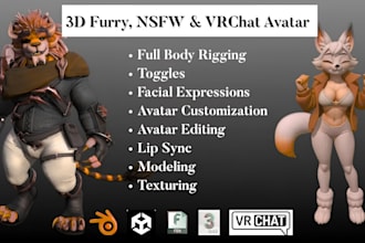 create custom furry vrchat avatar, 3d fursona, vtuber vrm PC quest