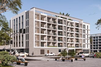 design residential building exterior, 3d apartment complex, architecture render