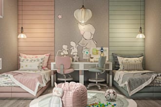 function playful kids bedroom,twins bedroom layout,luxury bathroom, 3d rendering