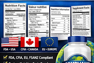 create fda, cfia, eu, fsanz compliant nutrition facts label and supplement label