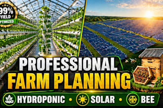 design a hydroponic greenhouse farm, farm layout, 3d bee farm, and solar farm