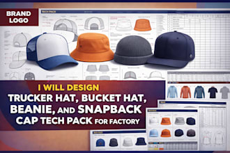 design trucker hat, bucket hat, beanie, and snapback cap tech pack for factory