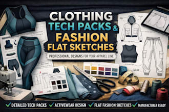 design clothing tech pack, street wear, active wear flat sketch design