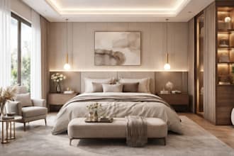 do bedroom interior design with realistic 3d rendering