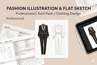 draw professional fashion illustration, sketch, flat sketch or tech pack