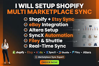 setup shopify etsy, ebay integration, altera, syncx, filey, shuttle website