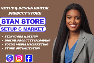 design and setup stan store, beacons ai, gumroad with products stan store
