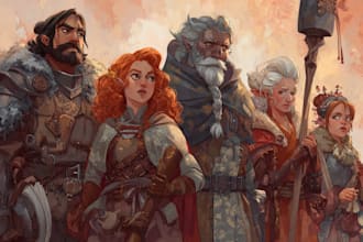 create custom dungeons dragons party art, fantasy character group illustration