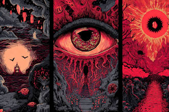 create detailed dark art illustrations for bands and merch