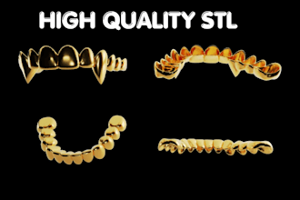 create custom gold grillz 3d cad design with stl file and realistic rendering