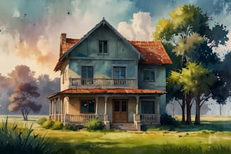 house in watercolor painting style