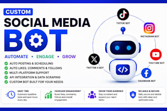 create youtube bot, instagram bot, tiktok bot, twitter x bot, API integration