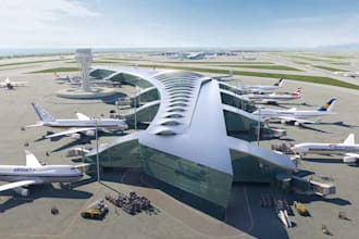 3d airport design, terminal building, airport masterplan, photorealistic render