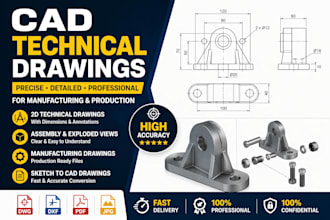 create precise cad technical drawings with dimensions for manufacturing