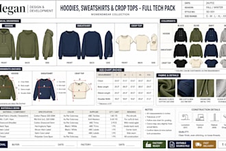create hoodie, sweatshirts and crop tops with tech pack for manufacturing