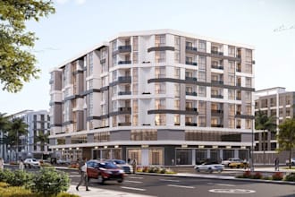 design mixed use building, commercial building exterior, architecture rendering