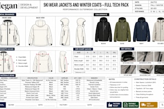 create detailed tech pack for ski wear jackets and winter coats for production