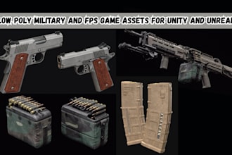 low poly military 3d game assets, weapons, shooter 3d props for unity or unreal