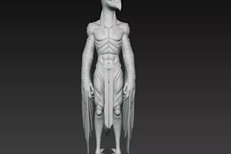 produce 3d fantasy creature,bird humanoid, collectible statue,warrior sculpture