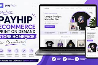 design a modern payhip ecommerce print on demand store homepage for creatives