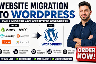 wordpress migration migrate shopify wix godaddy magento duda joomla to wordpress