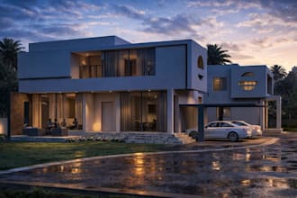 upgrade luxury residence, hillside home, minimalist exterior, carport,cgi render