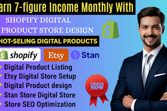 setup 7figure shopify digital product store, etsy shop, stan store digital store