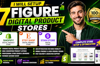 setup 7figure shopify digital product store, etsy shop, stan store digital store