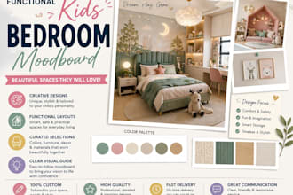 design a creative and functional kids bedroom moodboard