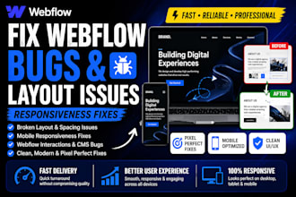 fix webflow website bugs layout issues responsivenes and fix seo issues