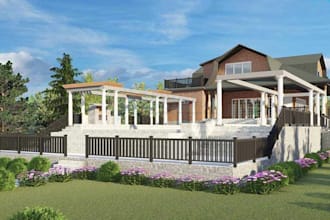 craftsman home villa design,extensive outdoor living space,backyard oasis render