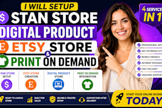 setup etsy shop, shopify digital product lister, stan store beacons, payhip ebay