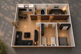 create modern 2d floor plan and realistic 3d interior design