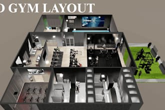 design 3d gym interior, fitness center layout and realistic rendering