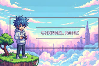 create pixel art youtube banner, twitch game banner and anime channel art design