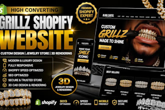 design custom grillz shopify website, jewelry ecommerce store with 3d cad render
