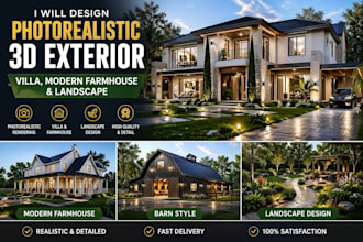 design photorealistic 3d villa exterior modern farmhouse and landscape