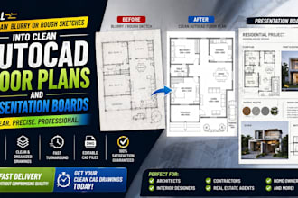 redraw blurry or rough sketches into clean autocad floor plans and presentation